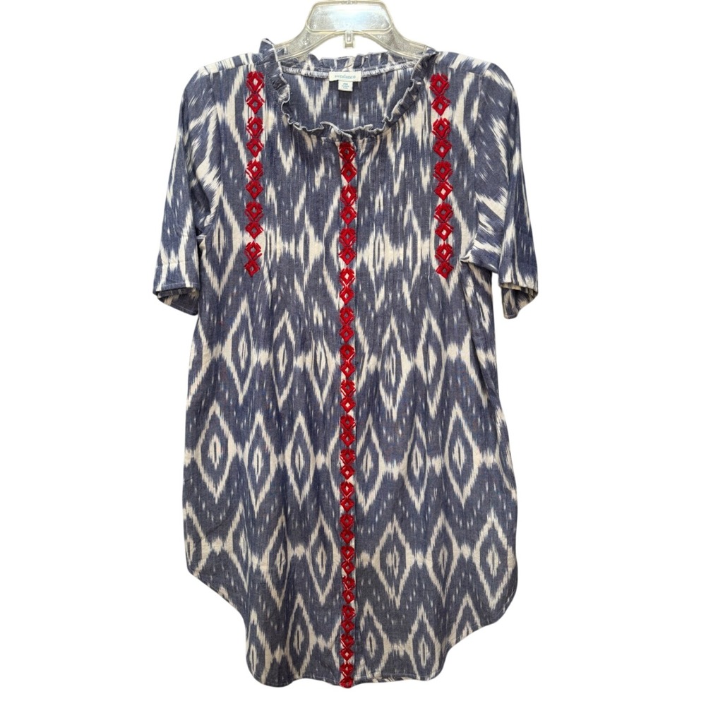Sundance Blue Ikat Embroidered Cotton Tunic Top Ruffle Neck Petite Medium PM